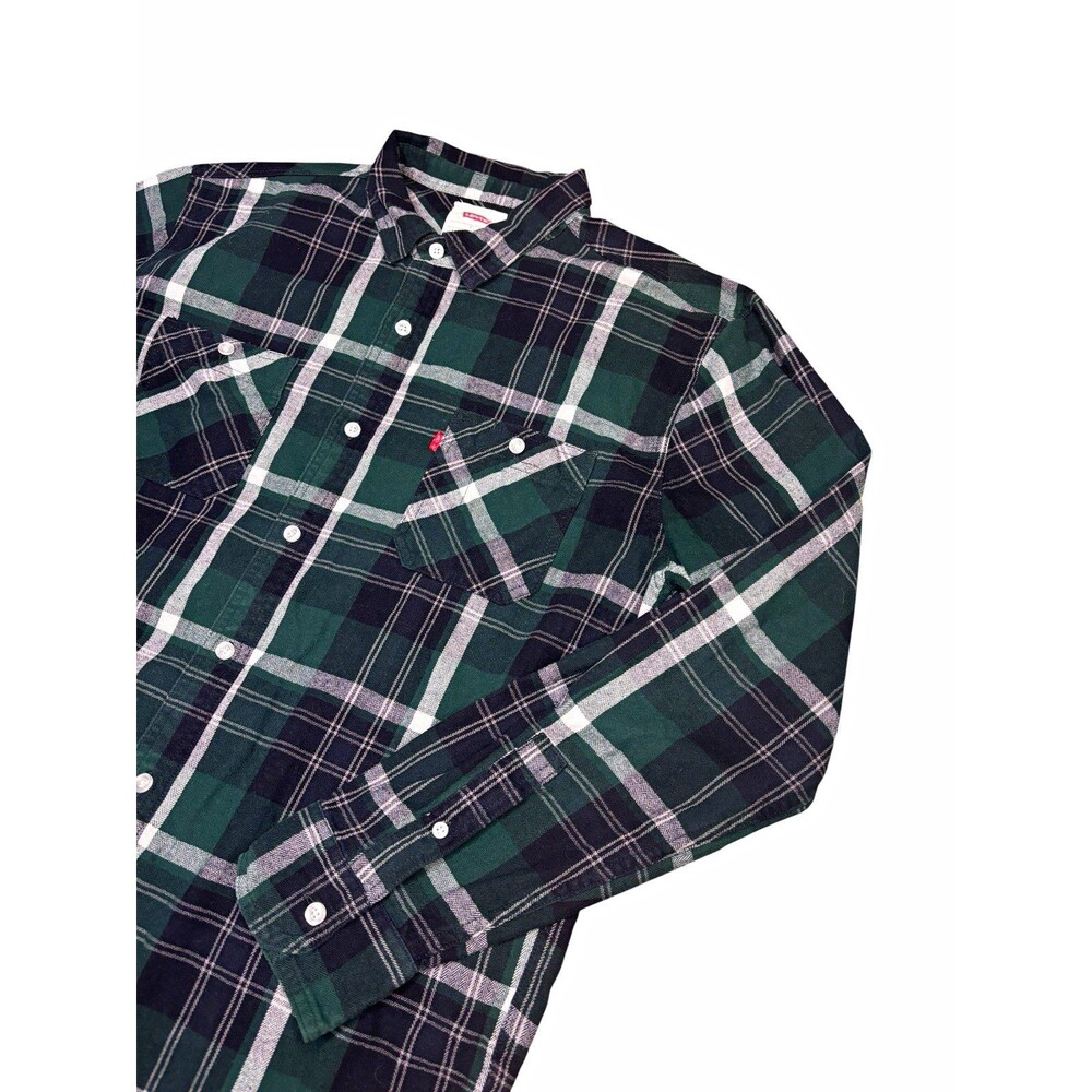 Levi's Men's Green Plaid Flannel Shirt Long Sleeve Double Pocket Cotton Size L
